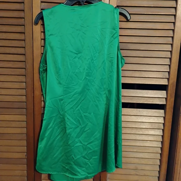 New York And Company Vibrant Green Ruffle, Sleeveless, Satin Blouse. - Picture 6 of 9